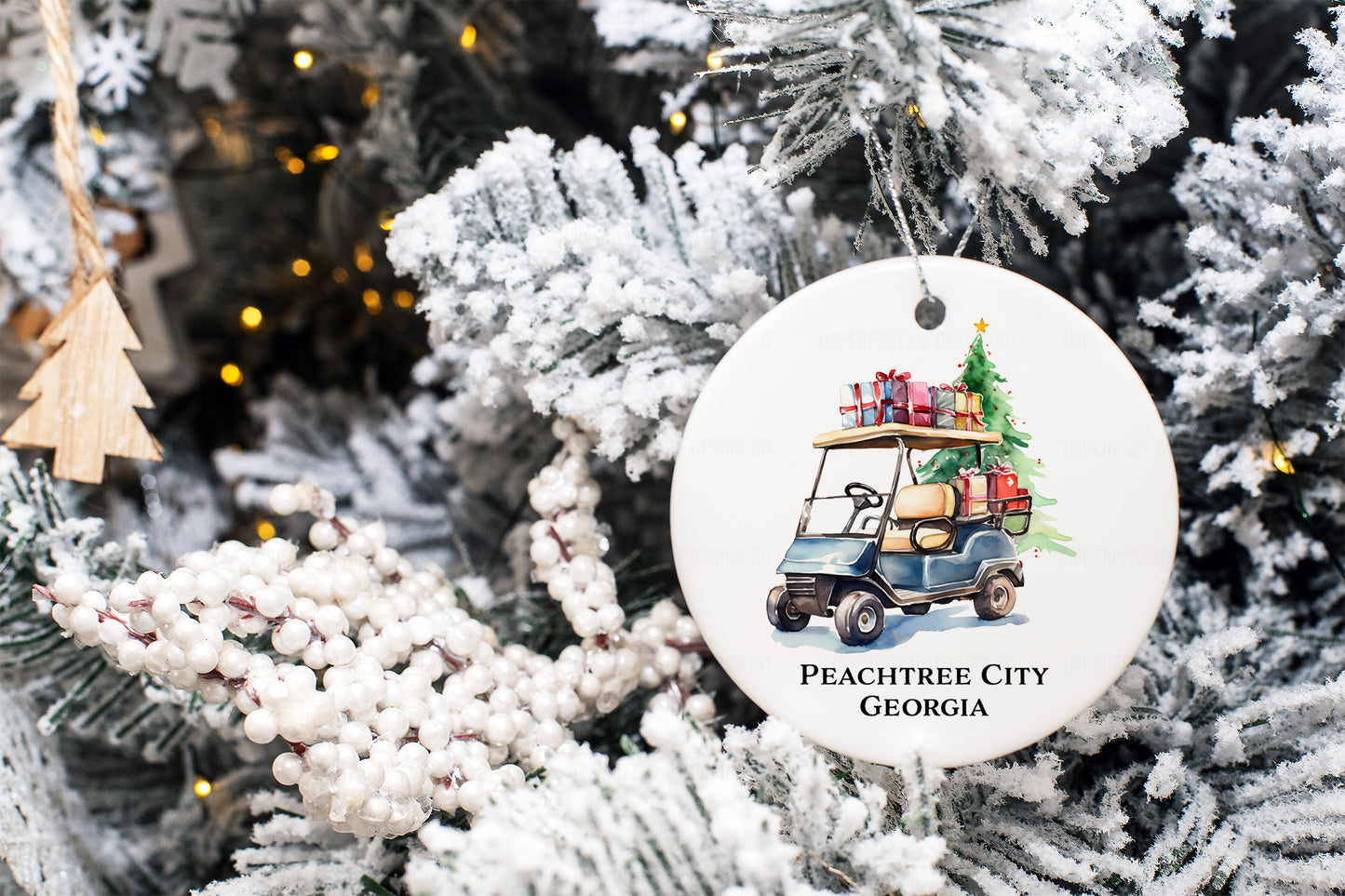 Customizable blue golf cart ornament with gifts and Christmas tree, perfect for personalized holiday decor -
hung on a flocked Christmas tree.