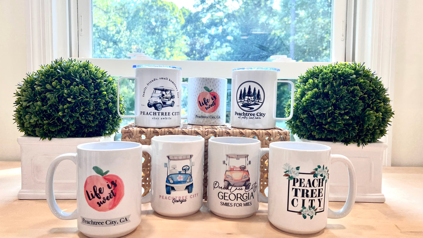 15oz Ceramic Coffee Mug - Golf Cart & Script "Peachtree City" Design | Smiles for Miles | Georgia Souvenir