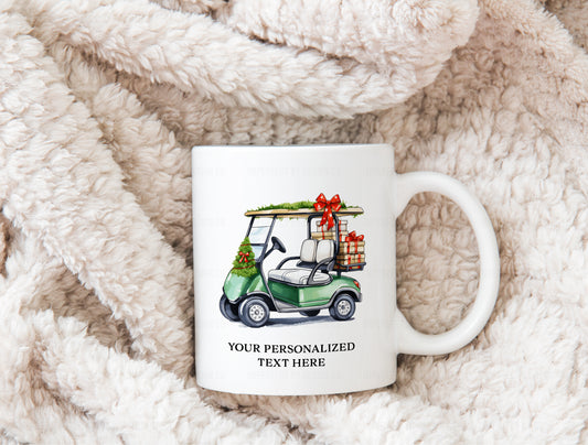Personalized Green Christmas Golf Cart - 11oz or 15oz Ceramic Mug
