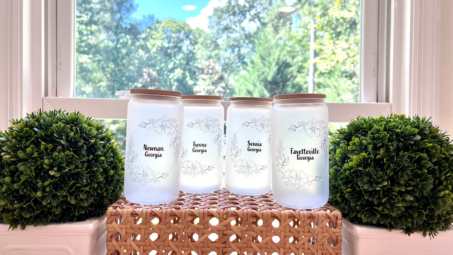 Personalized Frosted Glass Tumbler – Elegant Floral Motif with Your Chosen City and State