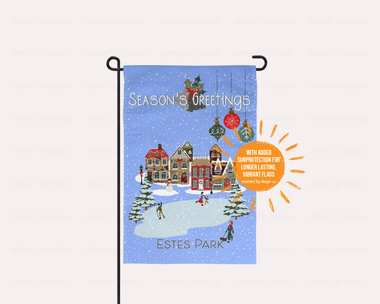 Personalized "Season's Greetings" Winter Village With City and State - Garden Flag