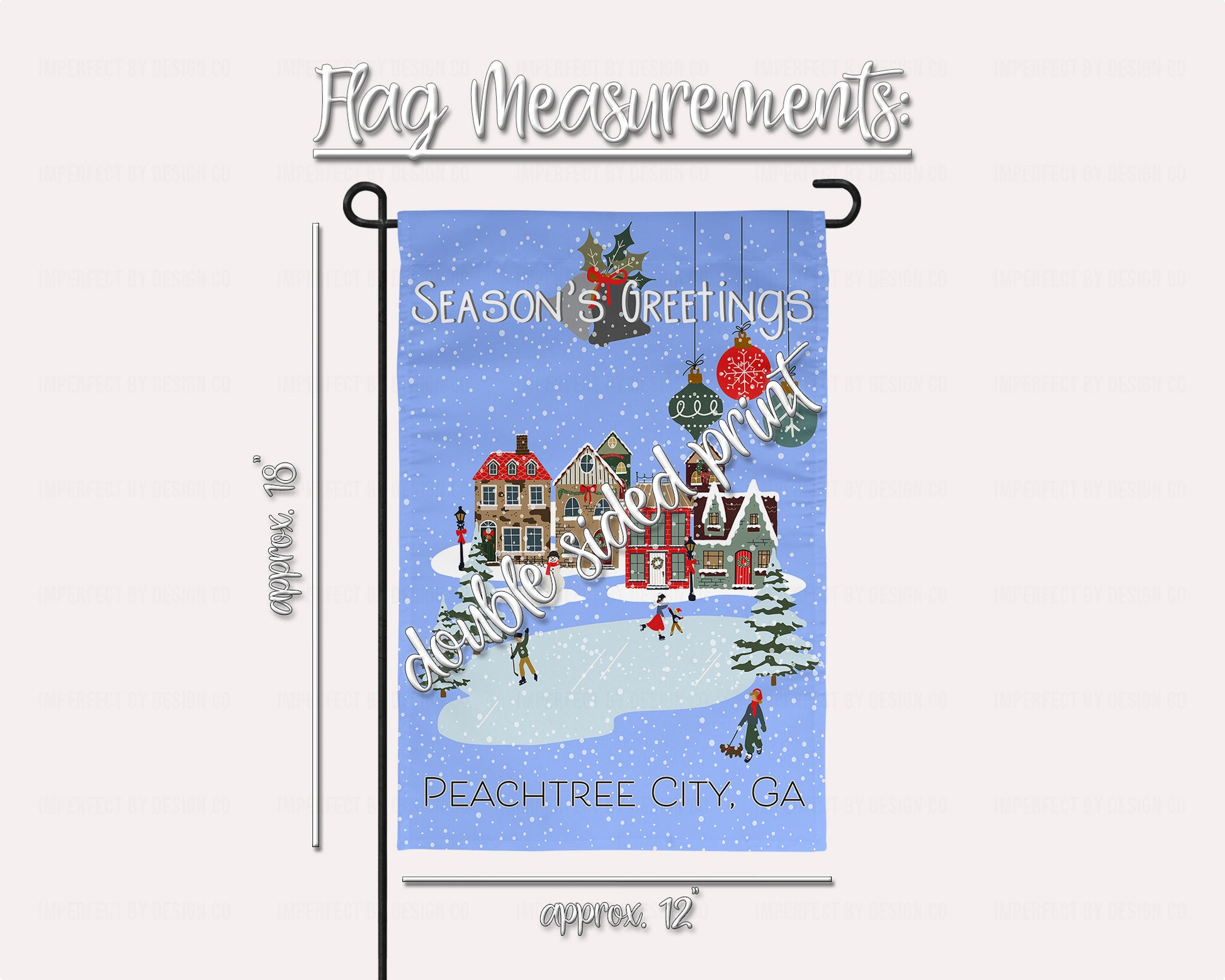 Charming outdoor decor: 'Season's Greetings' flag adorned with Christmas decorations, Flag measurements | imperfect by design co