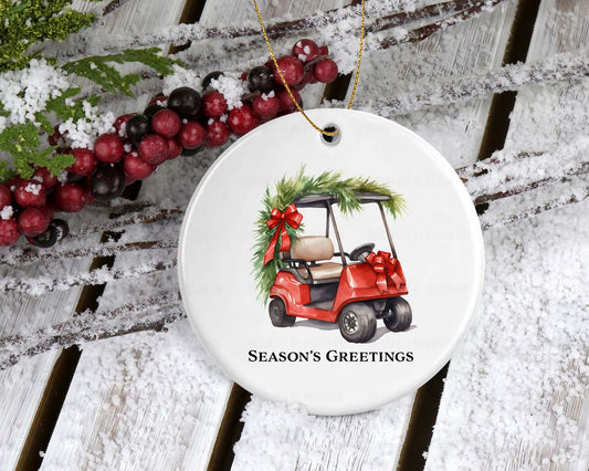 Double-sided personalized red golf cart ornament with festive garlands and bows, featuring customizable "Season's Greetings" text.