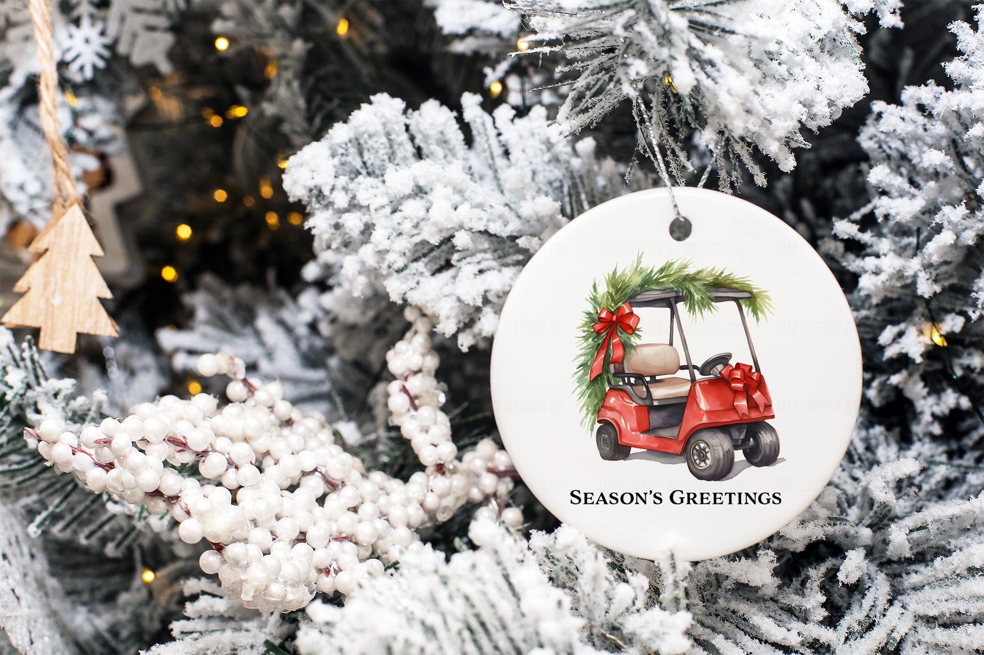 Glossy white double-sided ornament with red golf cart and customizable text, perfect for hanging on the tree with a red ribbon.
