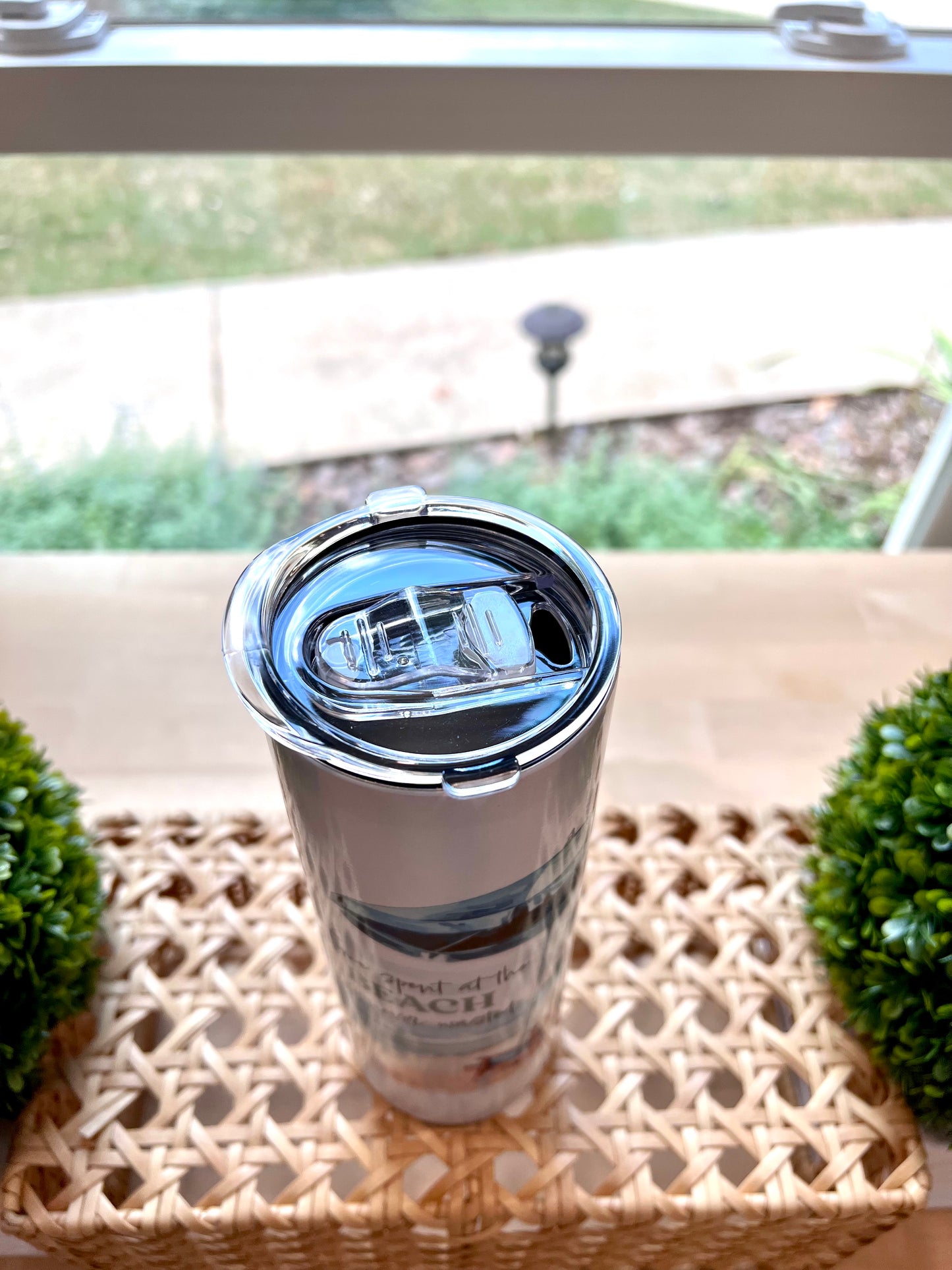 20oz Skinny Tumbler - Palm Trees & Flamingo Beach Design | "Time Spent at the Beach is Never Wasted"