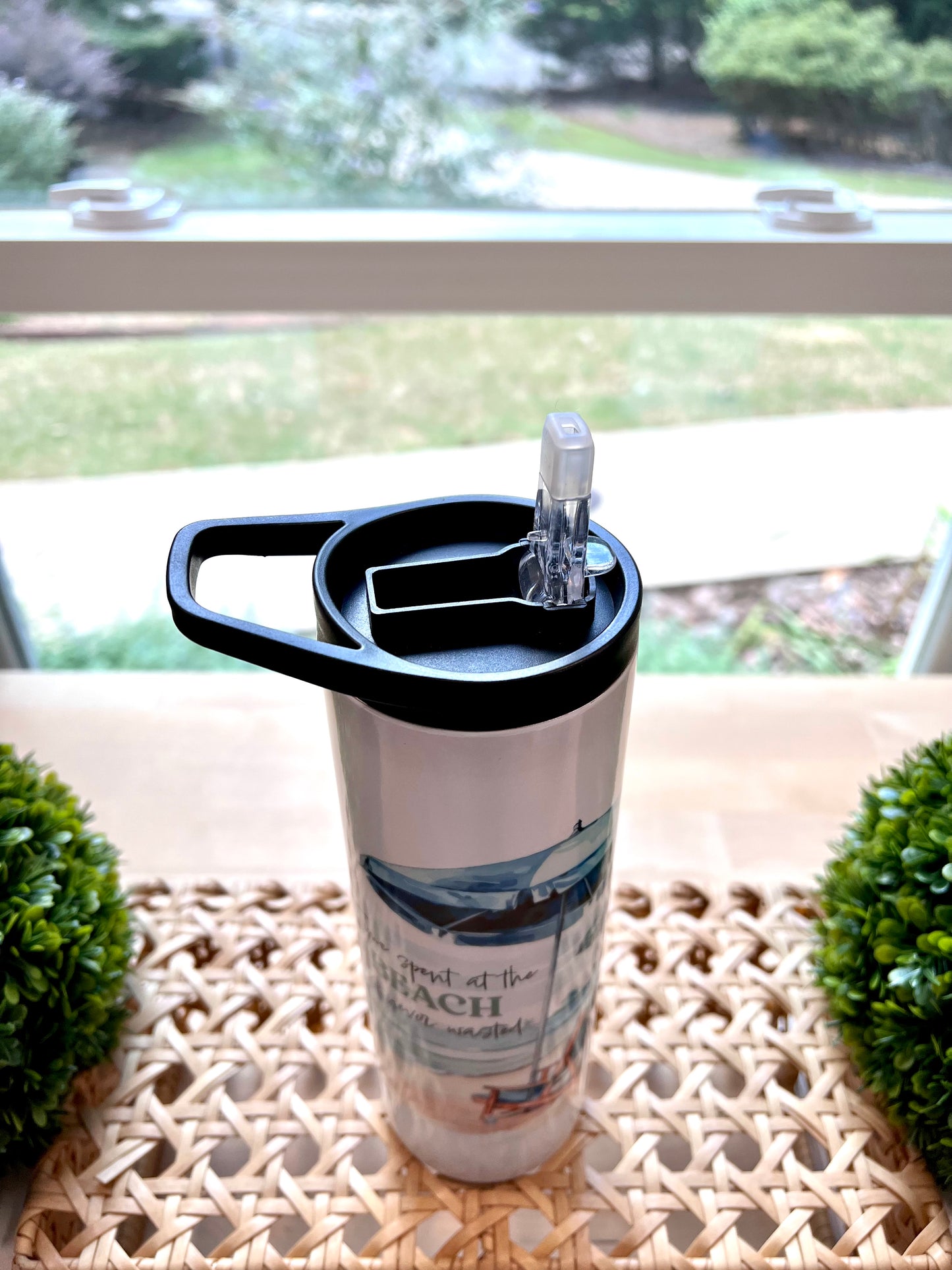 20oz Skinny Tumbler - Palm Trees & Flamingo Beach Design | "Time Spent at the Beach is Never Wasted"