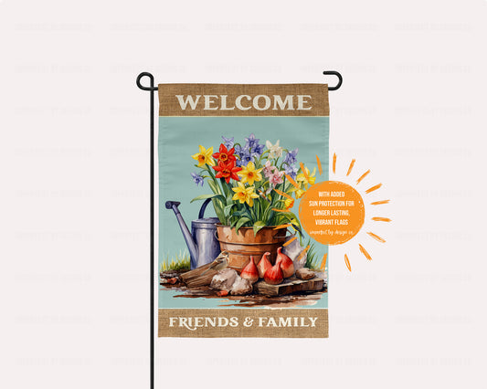 "Welcome Friends and Family" With Flowers And Birds, Still Life - Garden Flag