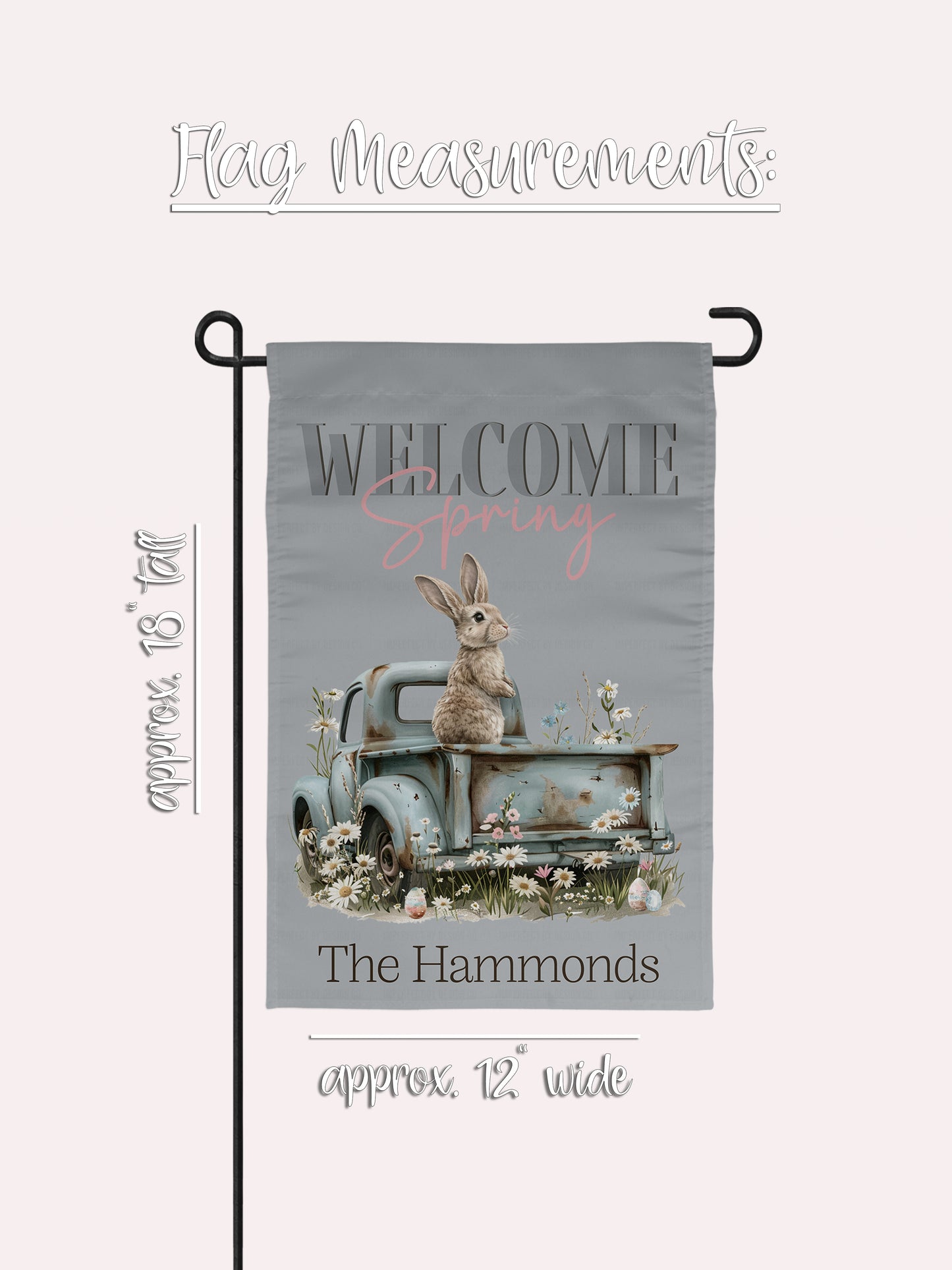 Personalized Welcome Spring - Garden Flag Featuring Spring Flowers, Rabbit and Truck