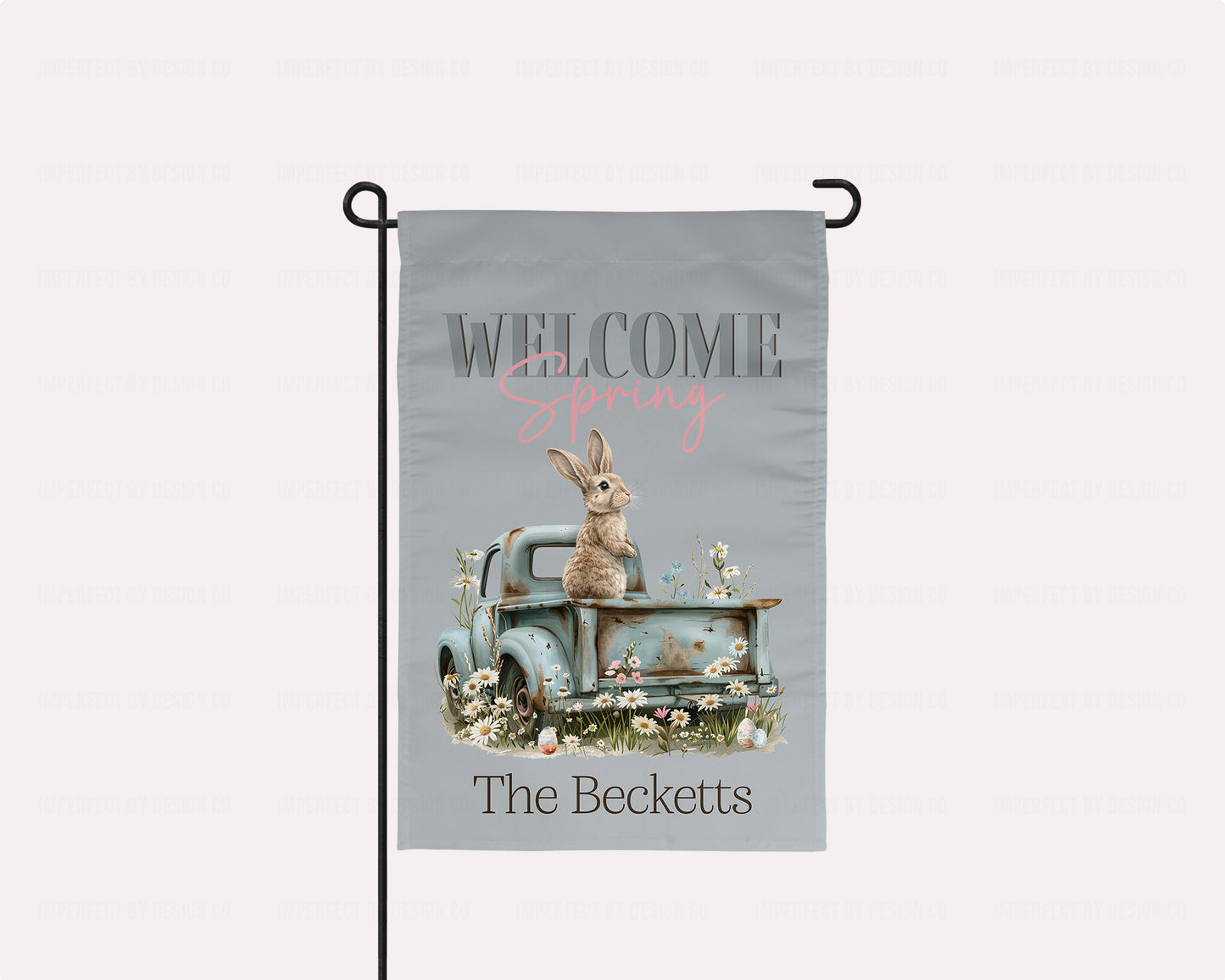 Personalized Welcome Spring - Garden Flag Featuring Spring Flowers, Rabbit and Truck
