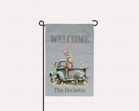 Personalized Welcome Spring - Garden Flag Featuring Spring Flowers, Rabbit and Truck