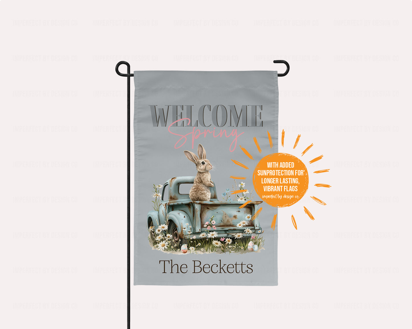 Personalized Welcome Spring - Garden Flag Featuring Spring Flowers, Rabbit and Truck