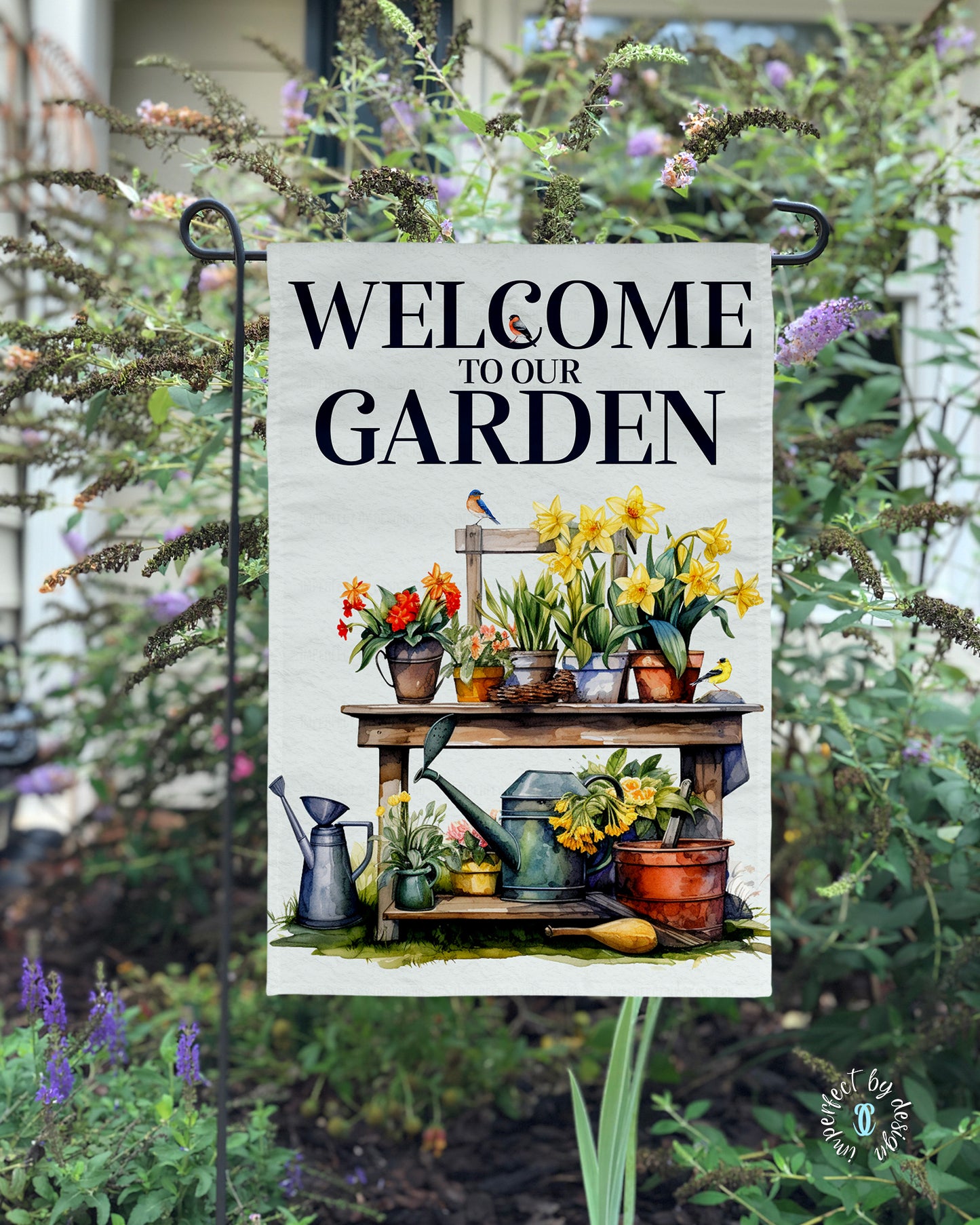 Garden Flag With Potting Bench Still Life featuring Flowers and Birds, Welcome To Our Garden