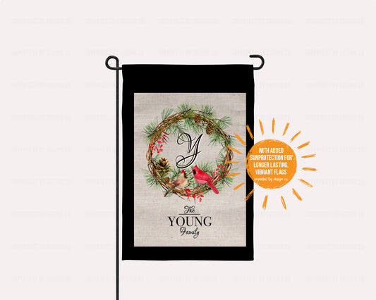 Personalized Cardinals on Wreath with Intial - Garden Flag