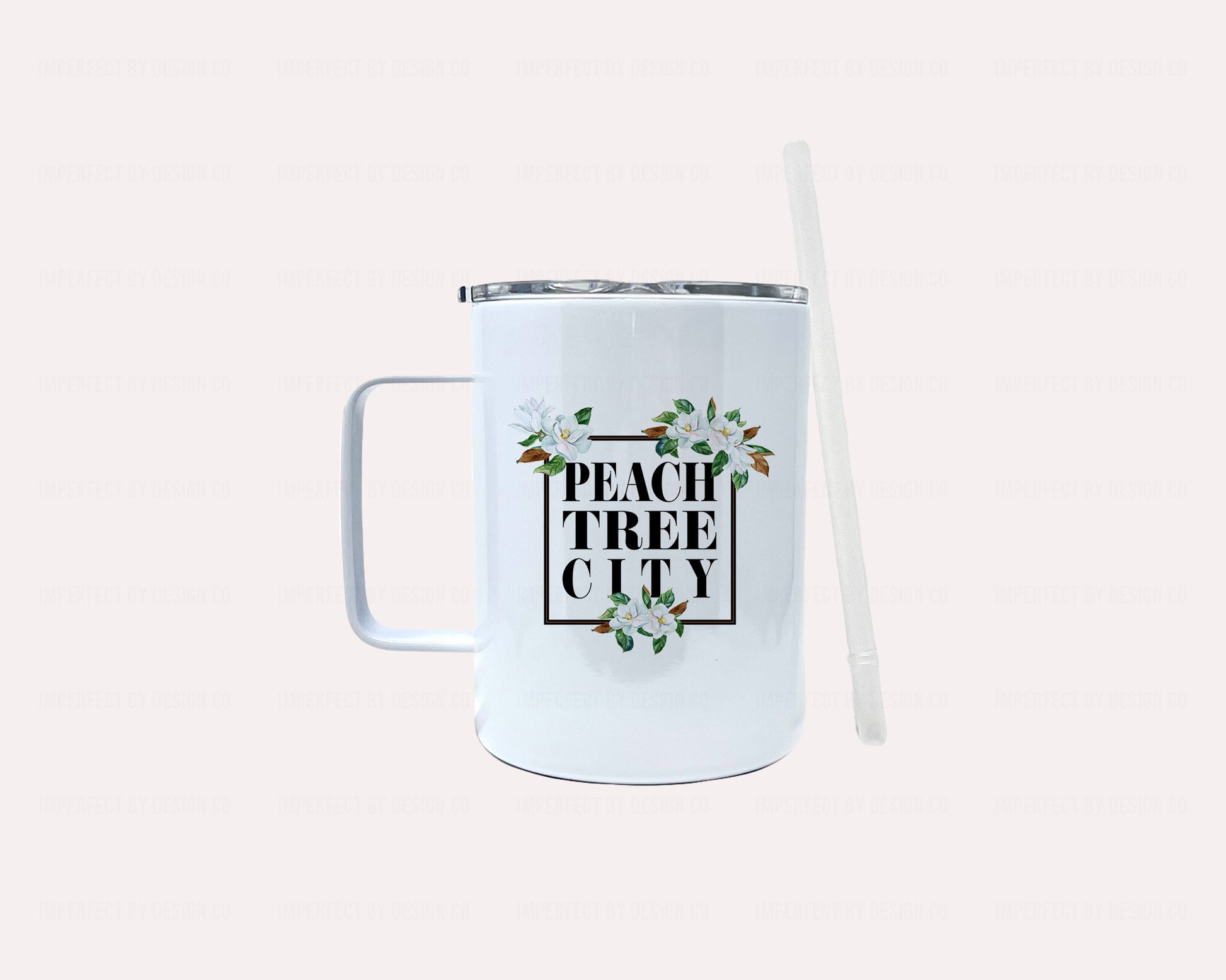 12oz Vacuum insulated camper mug in white with black magnolia blooms frame and silicone gasket lid | imperfect by design co