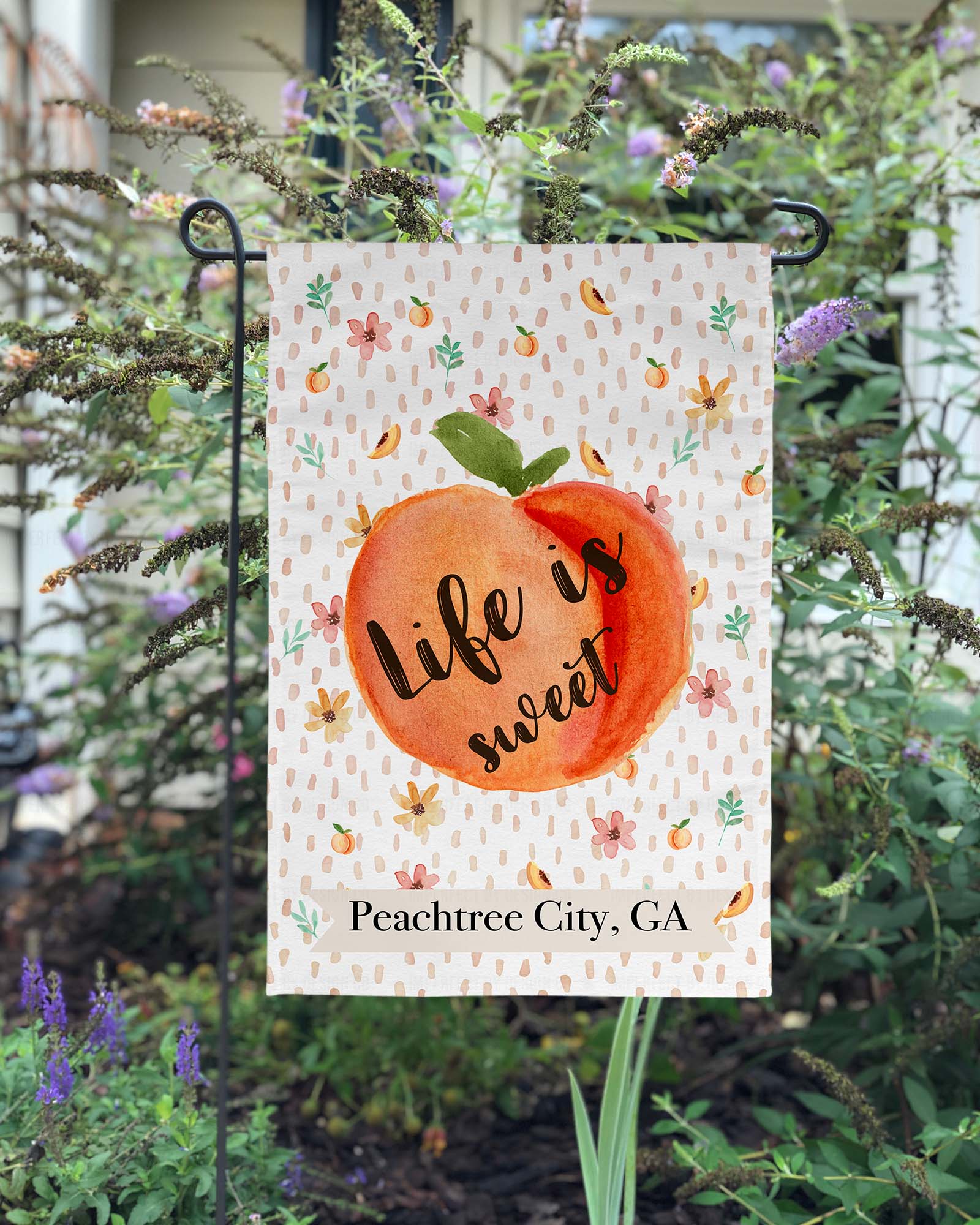 Peach and Flower Adorned Garden Flag with Charming 'Life is Sweet' Design. | imperfect by design co