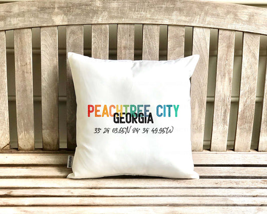 16x16 Inch Indoor Outdoor Pillow with Multicolor 'Peachtree City' Design on Covered Porch | imperfect by design co