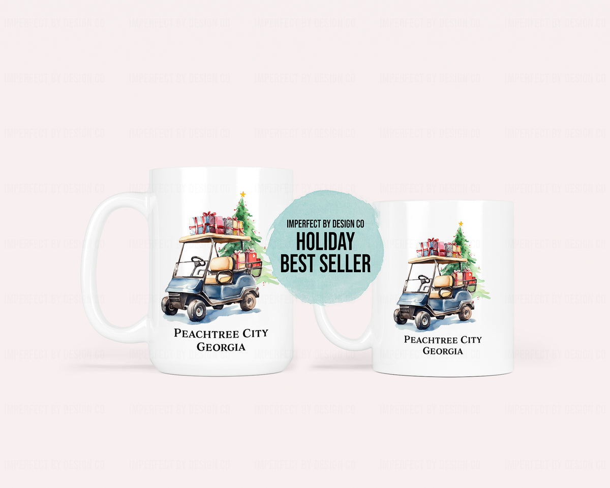 Personalized Green Christmas Tree, Golf Golf Cart - 11oz or 15oz Ceramic Mug