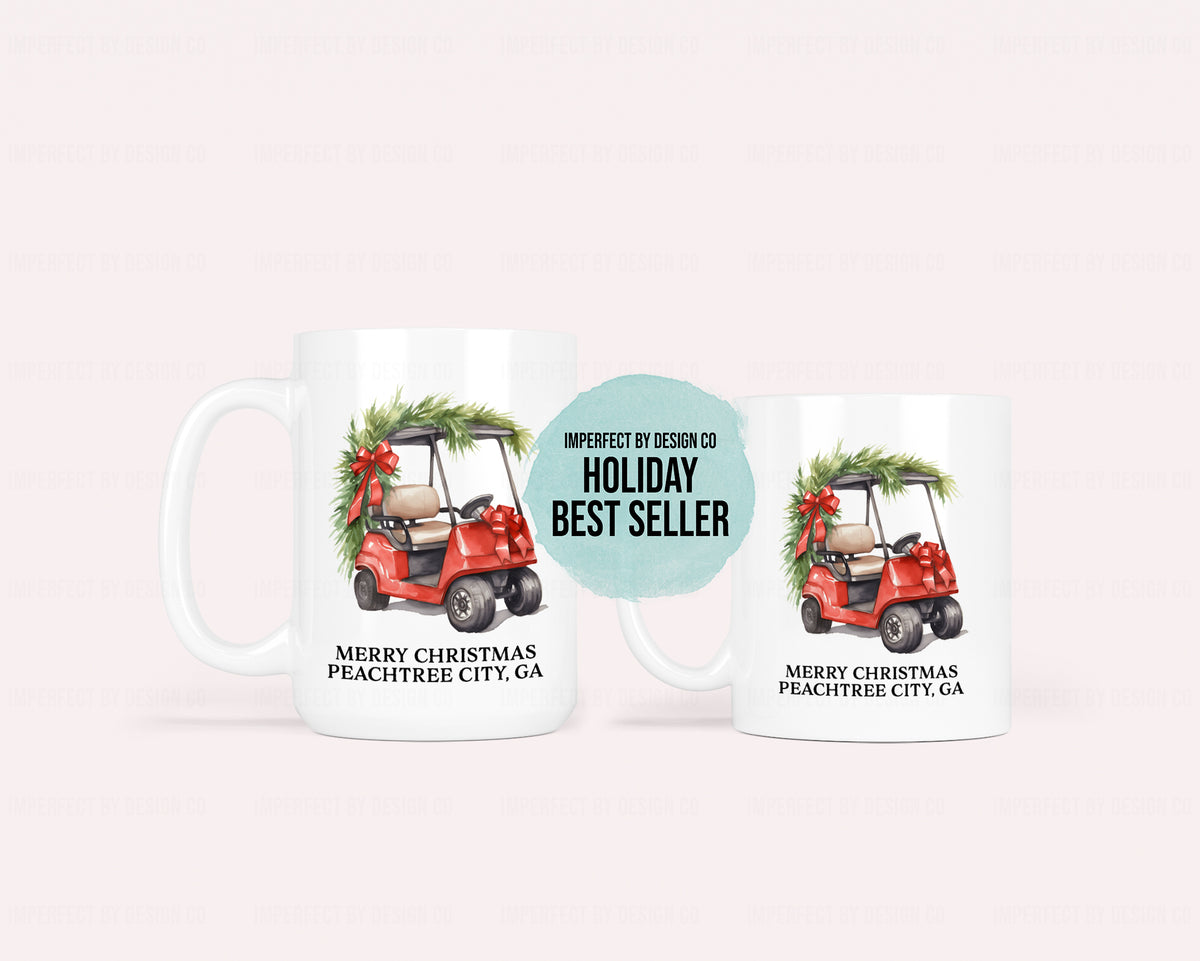 Personalized "Merry Christmas" Red Golf Cart - 11oz or 15oz Ceramic Mug