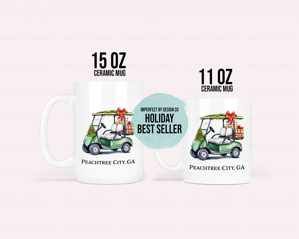 Personalized Green Christmas Golf Cart - 11oz or 15oz Ceramic Mug