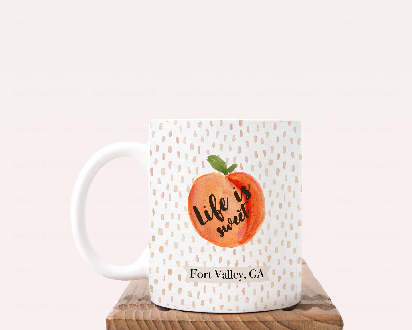 Life is sweet peach graphic coffee mug with custom city and state, 11oz  | imperfect by design co