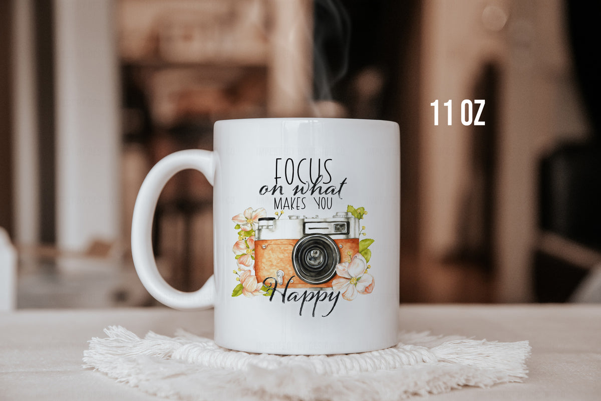 'Focus on What Makes You Happy', Floral Camera - 11oz Coffee Cup