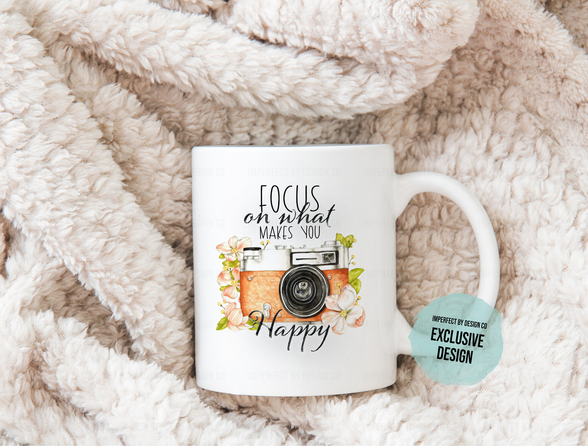 'Focus on What Makes You Happy', Floral Camera - 11oz Coffee Cup