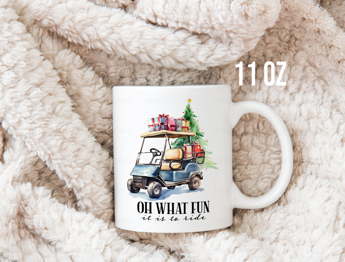 "Oh What Fun" Christmas Golf Cart - 11oz or 15oz Ceramic Mug