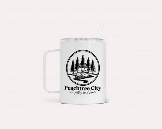Peachtree City "All Paths Lead Home" Golf Cart in Forest Scene - Camper Mug