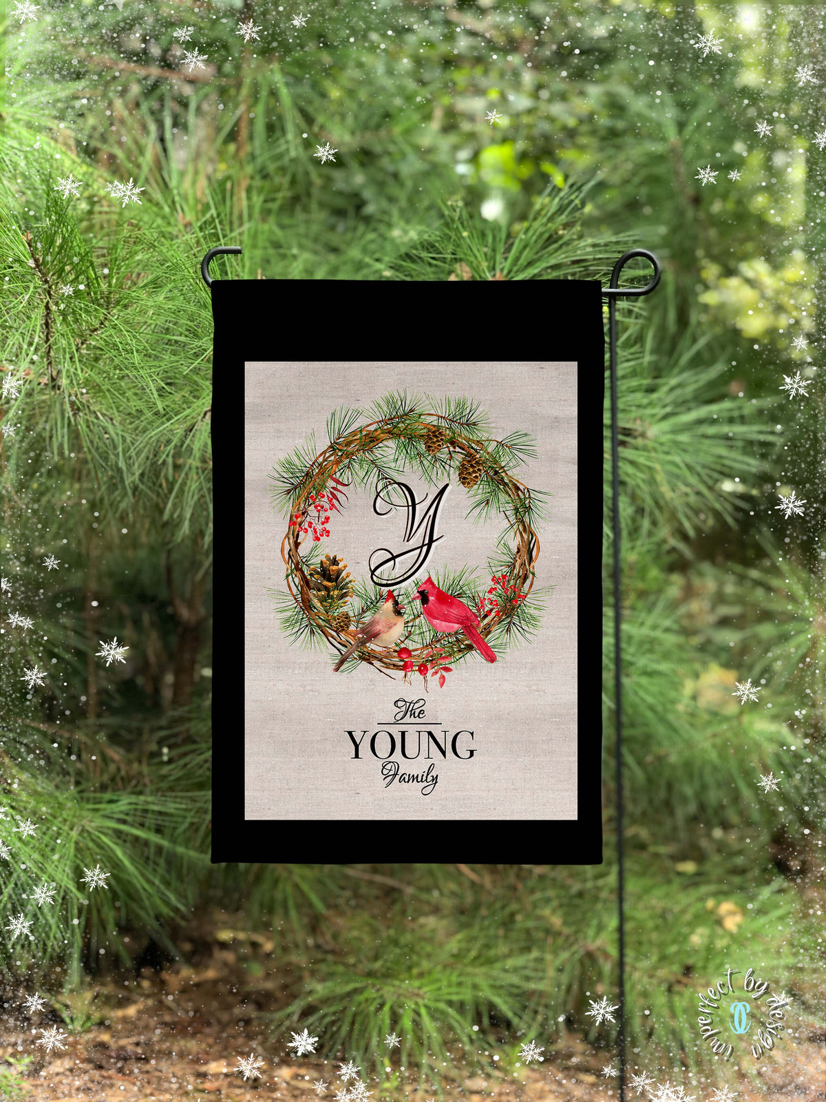 Personalized Cardinals on Wreath with Intial - Garden Flag