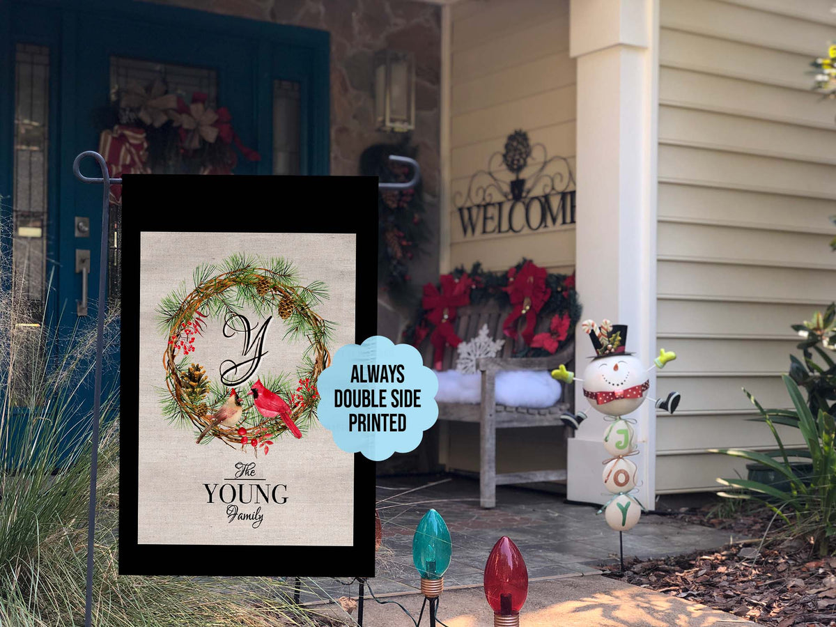 Personalized Cardinals on Wreath with Intial - Garden Flag