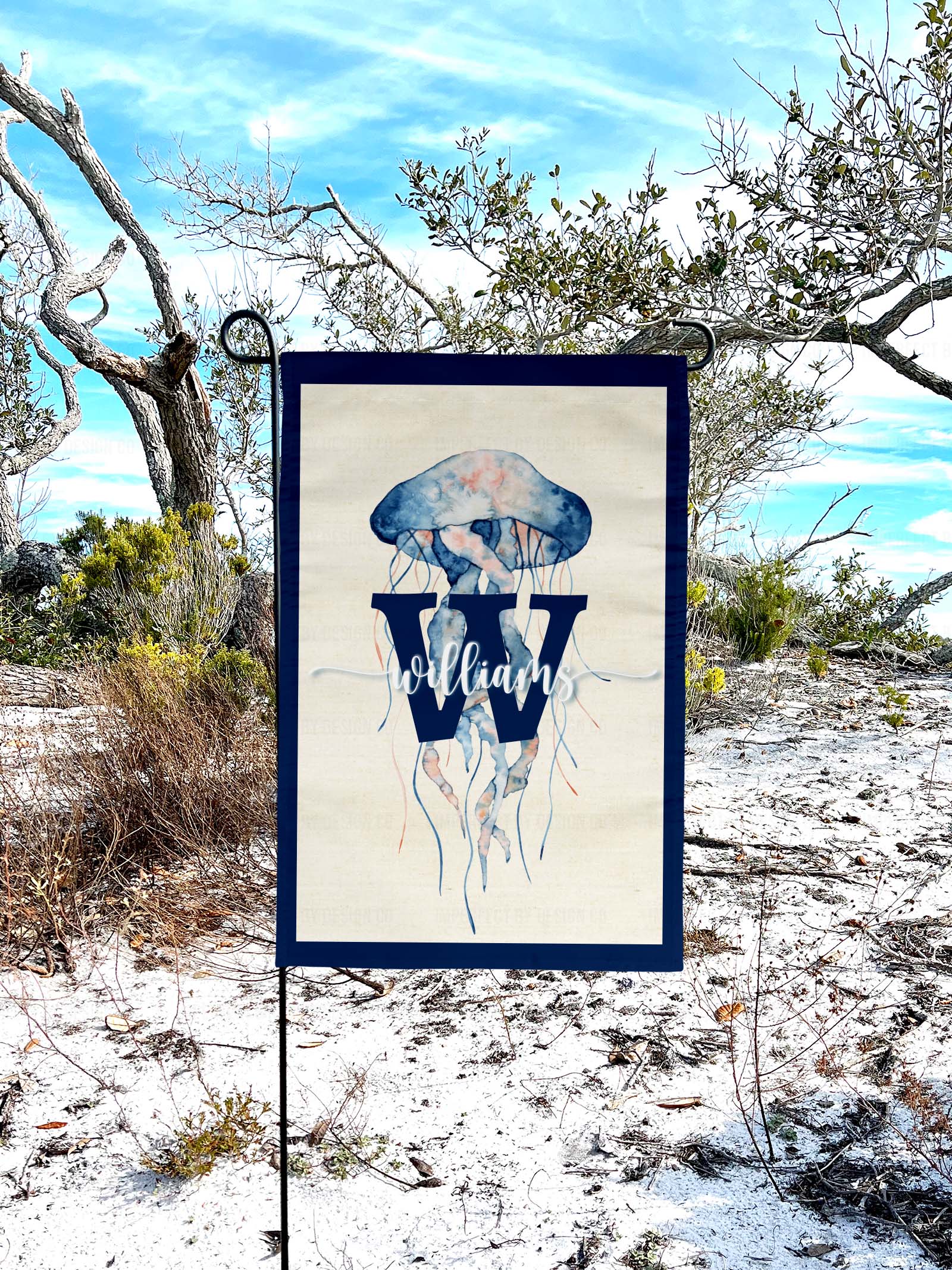 Personalized jellyfish garden flag with family name monogram and coastal theme | imperfect by design co