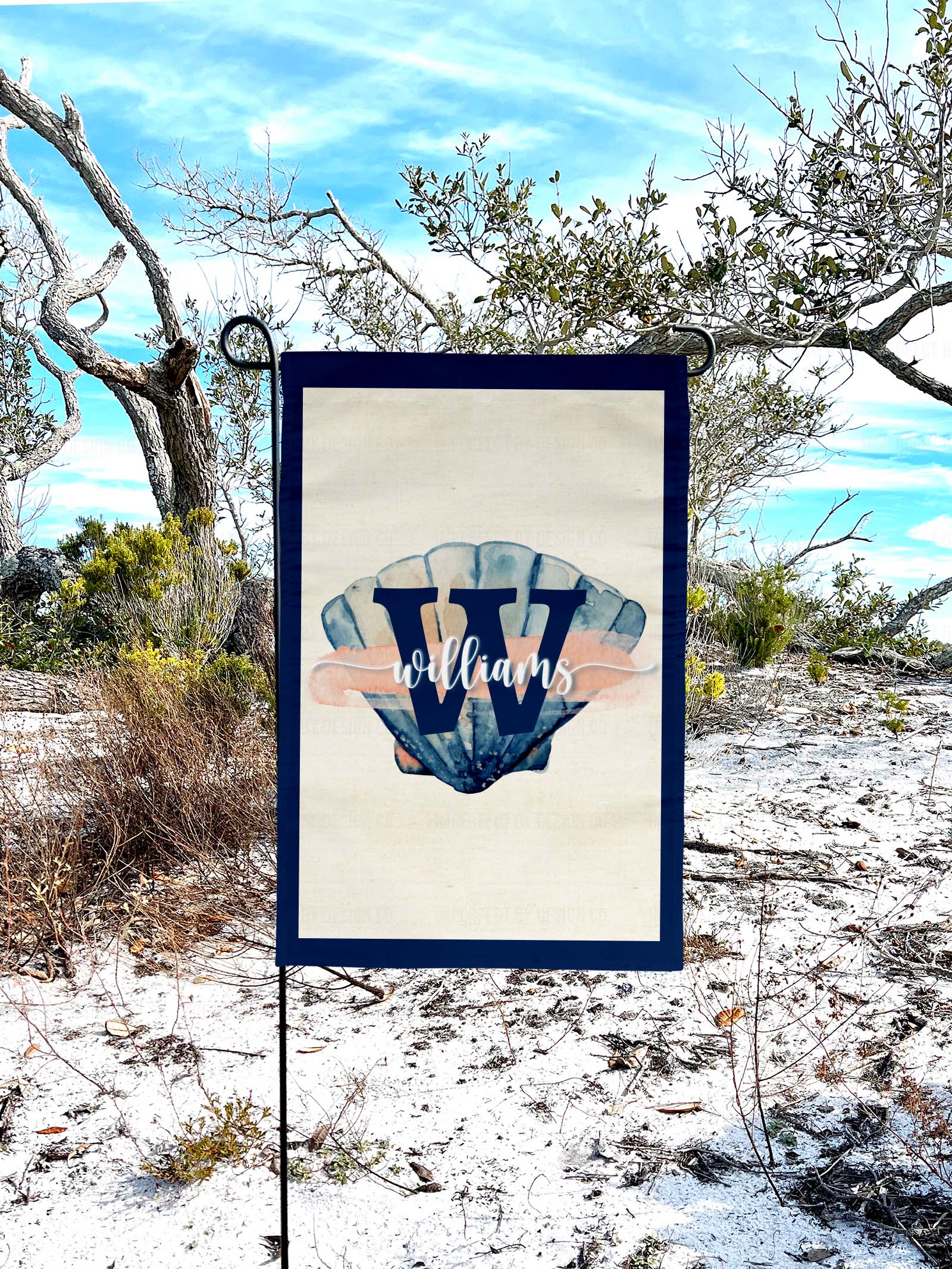 Personalized coastal garden flag with symmetrical and fan-shaped scallop shell design | imperfect by design co