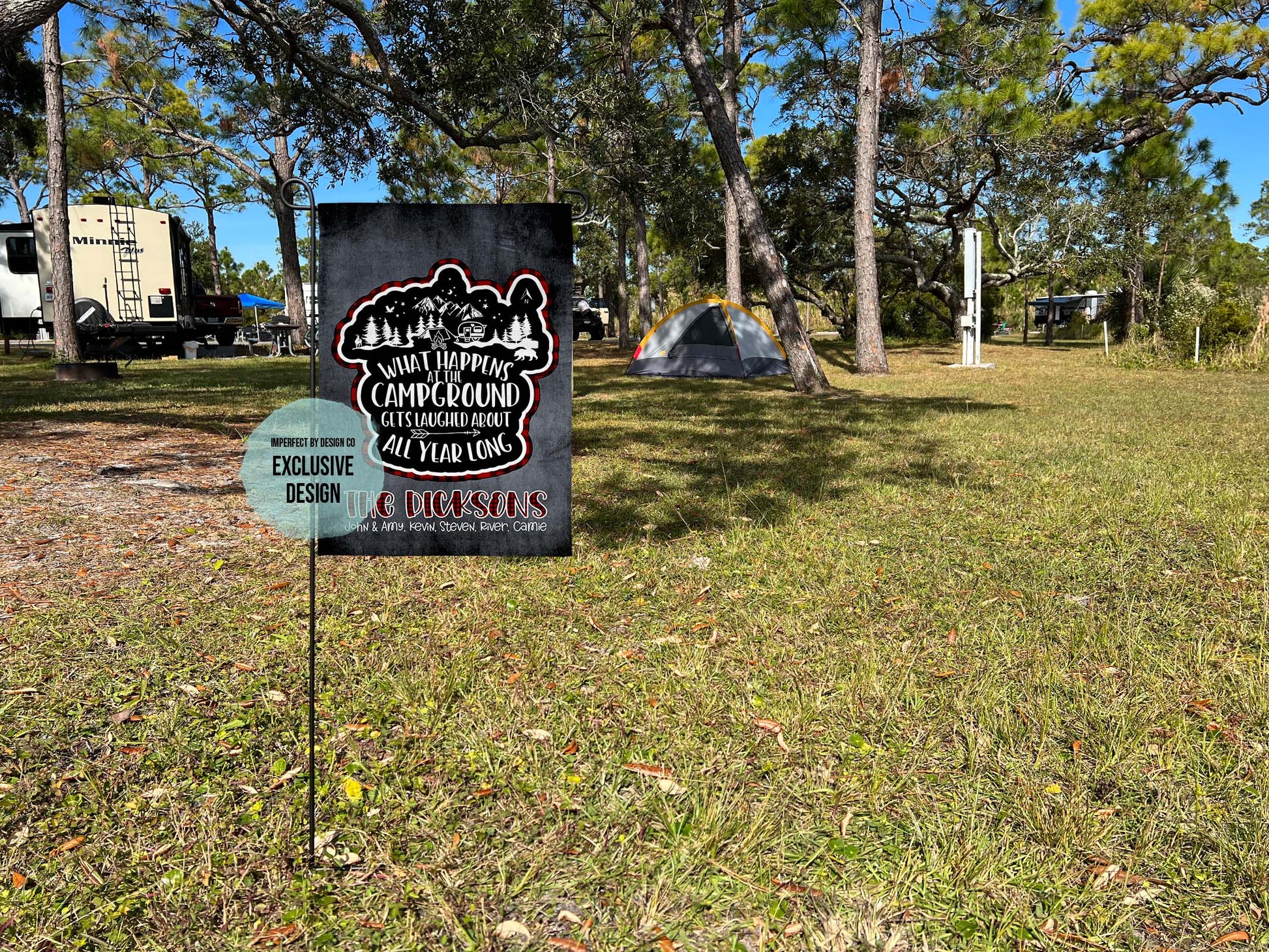 Night scene camping garden flag with personalized family name and funny camping quote | imperfect by design co 