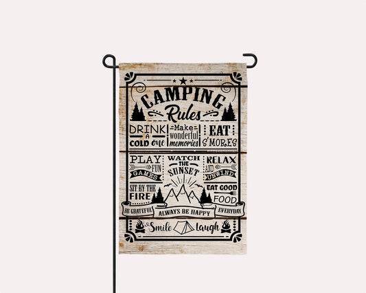 12x18 inch Outdoor flag featuring whimsical camping rules and rustic design | imperfect by design co