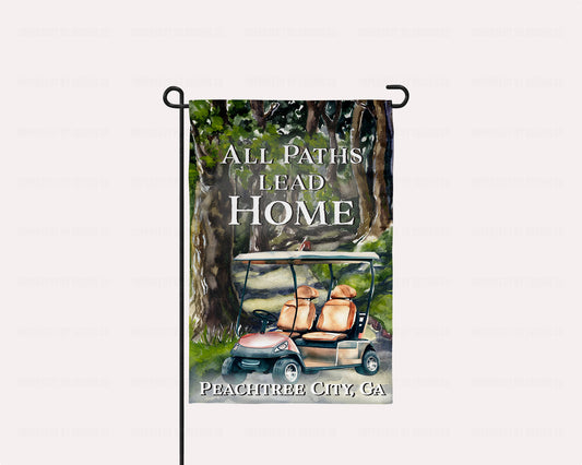 12x18 inch Hometown Pride garden flag with watercolor style scene of a winding path through the woods and golf cart features your city and state | imperfect by design co 