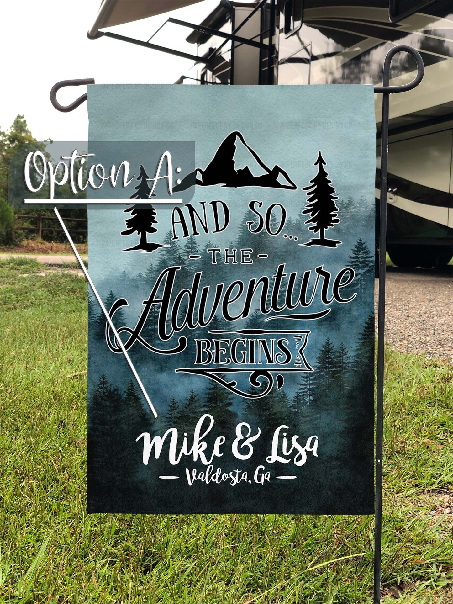 Customizable garden flag featuring "And so the adventure begins" phrase | imperfect by design co 