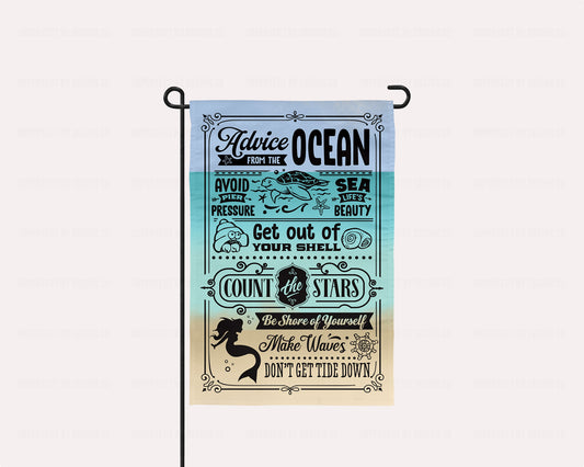 Double-sided garden flag with ocean-inspired design featuring sea turtle, mermaid, and seashell graphics | imperfect by design co