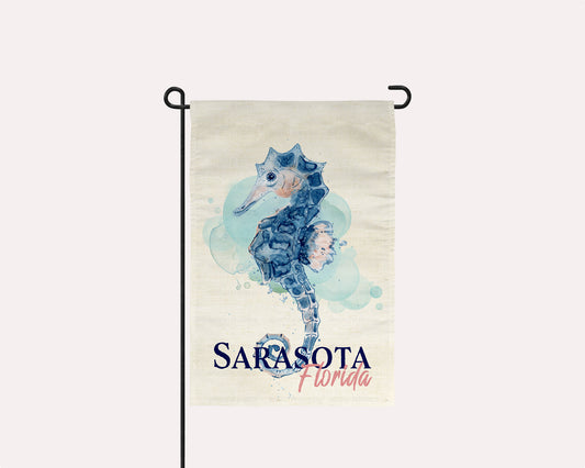 Coastal garden flag with watercolor seahorse design and City and State | imperfect by design co