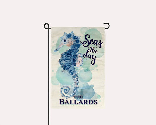 Personalized Watercolor stylized seahorse on beach garden flag | imperfect by design co 