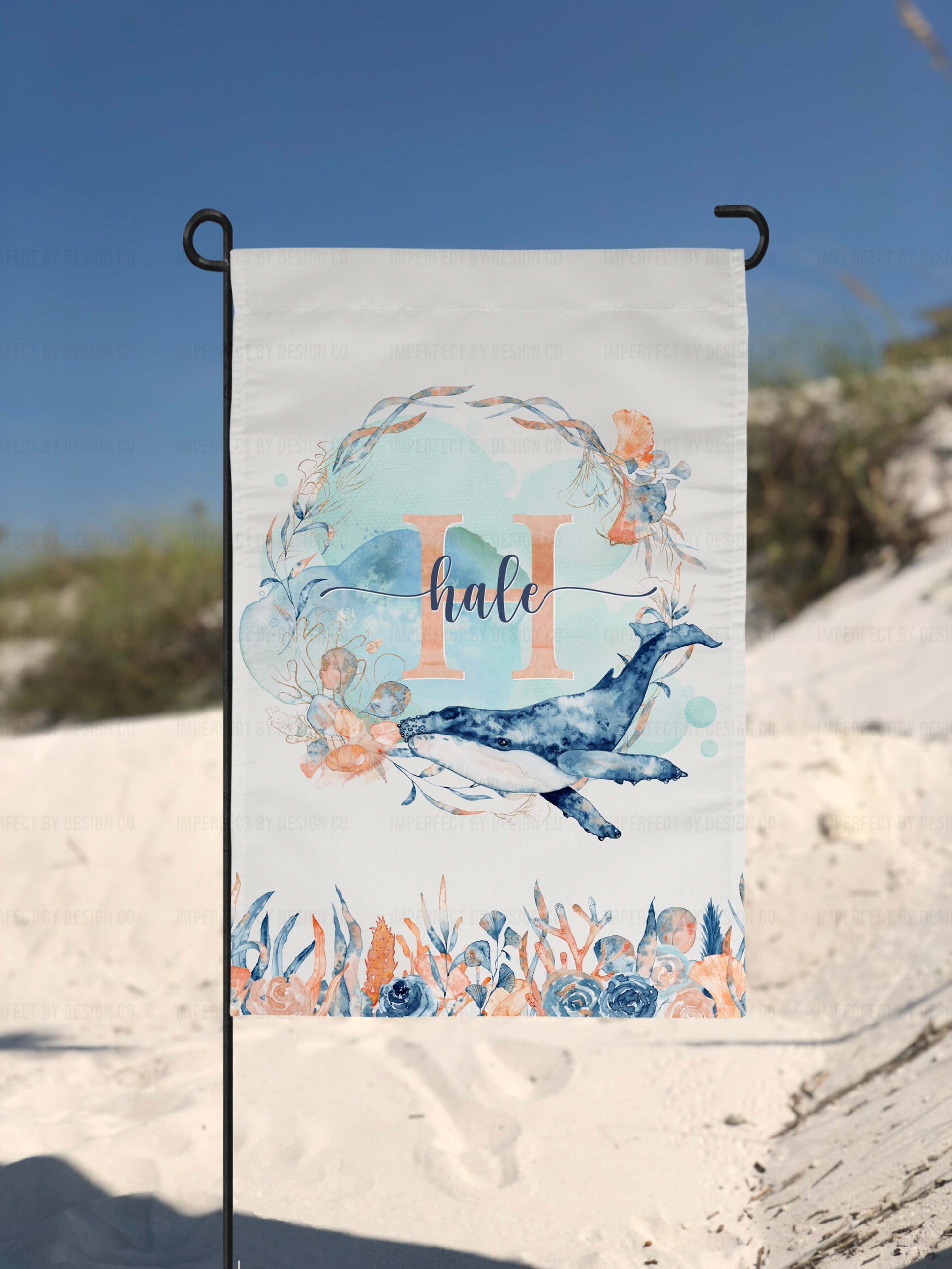 Coastal-inspired whale outdoor decor flag with family name | imperfect by design co