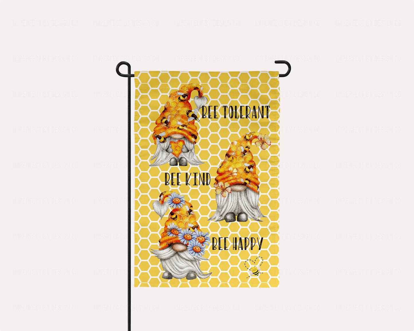 Garden Flag Featuring Gnomes And Bees, Bee Tolerant Bee Kind Bee Happy