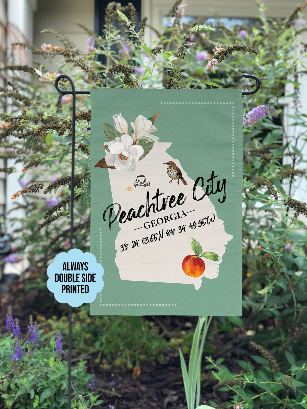 Peachtree City and Georgia State Outline with State Bird, and State Flower - Garden Flag