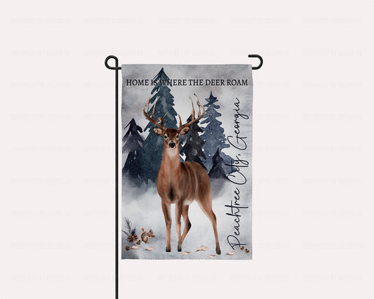 12x18 inch Personalized double-sided garden flag with deer, robin, and squirrel, “Home is Where the Deer Roam” | imperfect by design co 