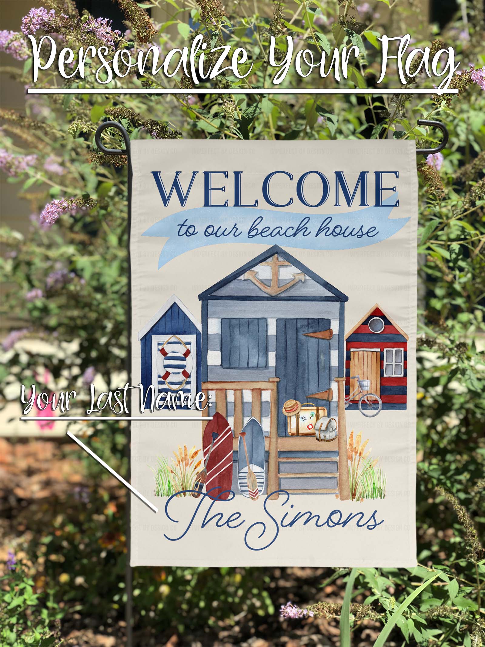 Personalized family name garden flag with Coastal cottages design | imperfect by design co