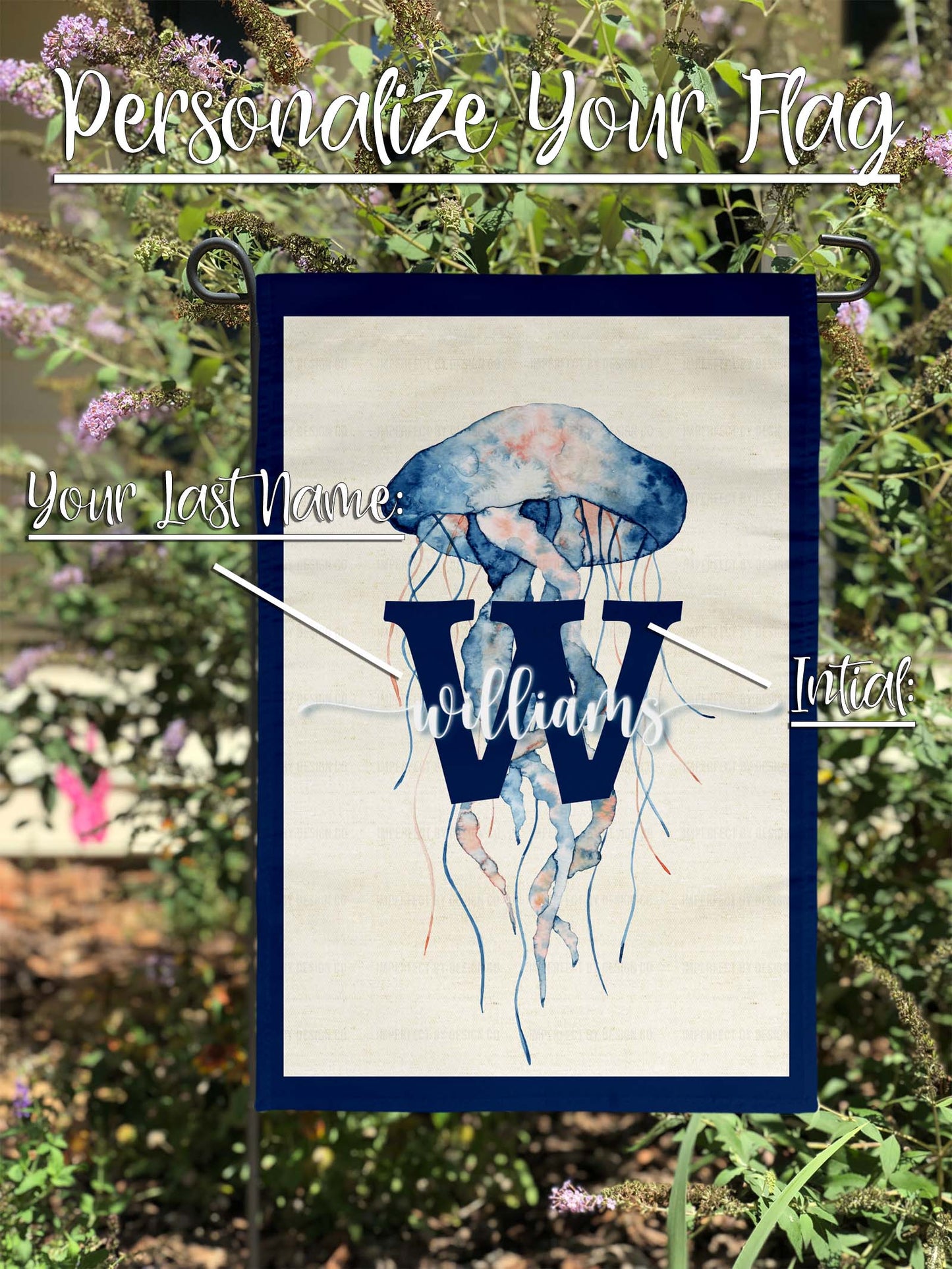 Coastal-themed jelly fish personalized garden flag with family name and monogram