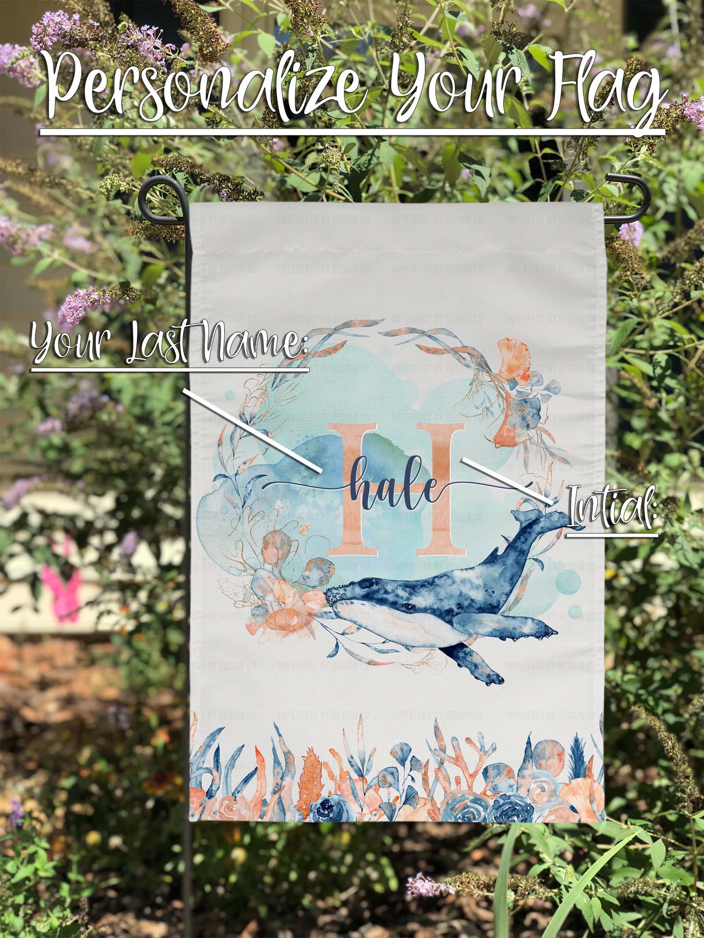 High-quality outdoor beach vibe garden flag with humpback whale and family monogram | imperfect by design co