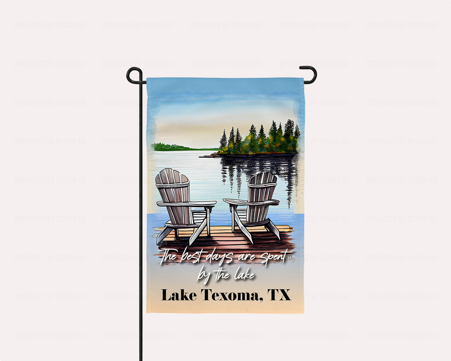 Hometown Pride 12x18 inch garden flag with adirondack chairs overlooking a scenic lake and trees personalized with your choice of City & State | imperfect by design co