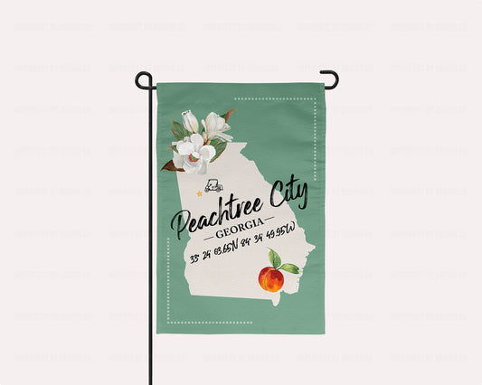 12x18 inch Double-sided Peachtree City Hometown Pride Garden Flag with Georgia state and magnolia blossoms and peach. | imperfect by design co