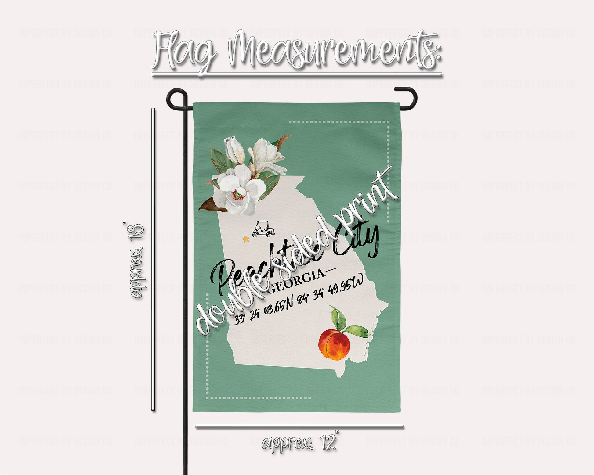 Southern charm garden decor: 'Peachtree City Georgia' flag symbolizing hometown pride with flag measurements | imperfect by design co