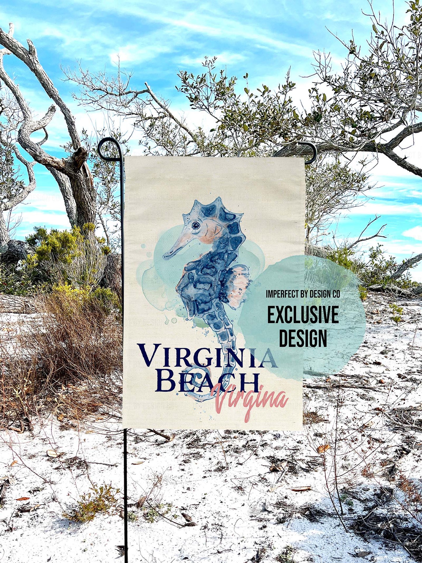 Decorative garden flag  with customizable text and a blue seahorse. Flag reads 'Virginia Beach, Virginia' text, set against a natural background. Customize this exclusive design with your city and state | imperfect by design co 